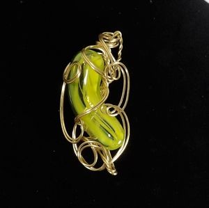 Wire Wrapped oval yellow glass Pendant Handmade Jewelry